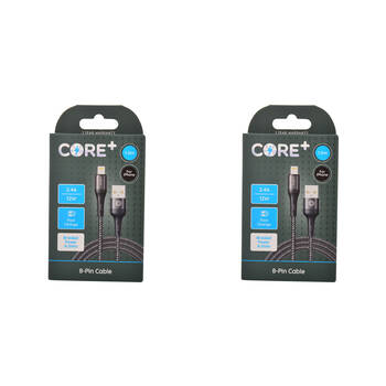 2PK Core+ 8-Pin to USB-A Cable Charging Cord 1.5m For Apple iPhone 14/13 - Grey