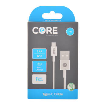 Core USB-A to USB-C Cable Charging Cord 1m For Samsung Galaxy iPhone - White