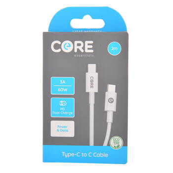 Core USB-C to Type-C Cable Charging Cord 2m For Samsung iPhone - White