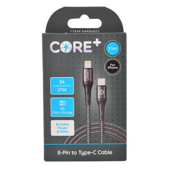 Core+ 8-Pin to USB C Cable Charging Cord 1.5m For Apple iPhone 14/13 Black