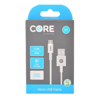Core Essentials USB-A to Micro USB Cable Charging Cord 1m - White