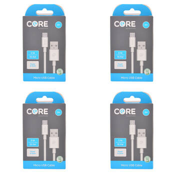 4PK Core Essentials USB-A to Micro USB Cable Charging Cord 2m - White