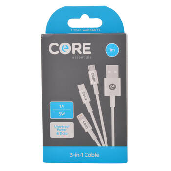 Core 3in1 Micro USB-C to 8-Pin Cable Charging Cord 1m For iPhone/Samsung WHT