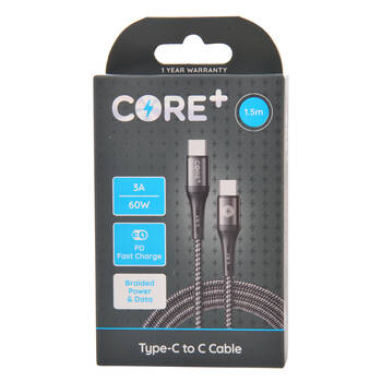 Core+ USB-C to Type C Braided Charging Cable 1.5m For Samsung iPhone - Grey