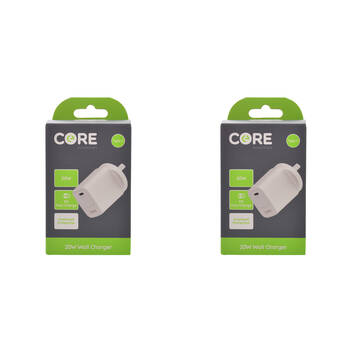 2PK Core USB-C Port Phone Wall Charger Adapter 20W - White