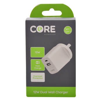 Core Type-C/USB-A Dual Port Wall Charger Adapter 12W - White