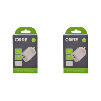 2PK Core Type-C/USB-A Dual Port Wall Charger Adapter 12W - White
