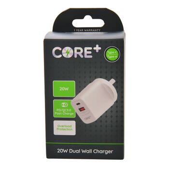 Core Type-C/USB-A Dual Port Wall Charger 20W - White
