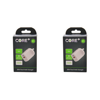 2PK Core Type-C/USB-A Dual Port Wall Charger 20W - White