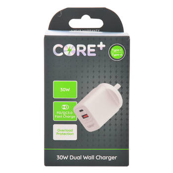Core Type-C/USB-A Dual Port Wall Charger 30W - White