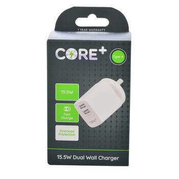 Core Type-A Dual Port Wall Charger Adapter 15.5W - White