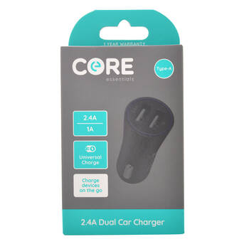 Core Essentials Type-A Dual Port Car Charger 2.4A/1A  - Black
