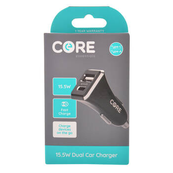 Core Essentials Type-C/USB-A Dual Port Car Charger 15.5W - Black