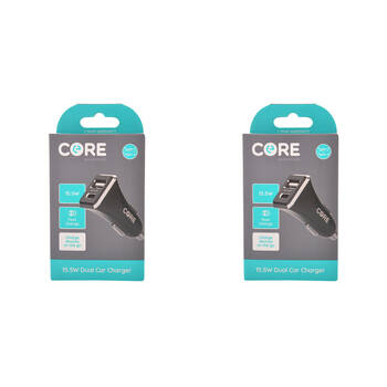 2PK Core Essentials Type-C/USB-A Dual Port Car Charger 15.5W - Black