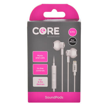 Core Essentials 8-Pin SoundPods/Earphones In-Ear Wired w/ Mic - White