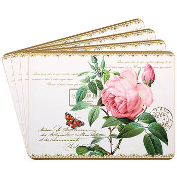 4pc Gibson Gifts Redoute Rose Cork-Backed Placemats Set Rectangle 29x22cm