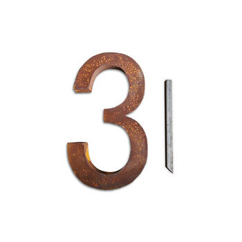  Steel House Number THREE Sign/Plaque 23.3x40cm - Rust