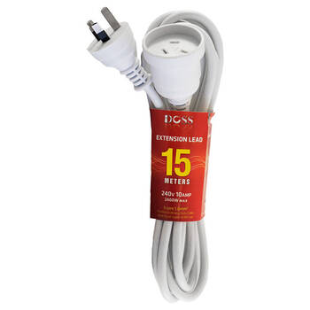 Doss Power Extension Lead 240V/10AMP PVC 3-Pin Plug Cable Cord White 15M