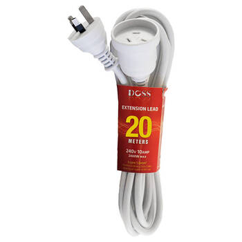 Doss Power Extension Lead 240V/10AMP PVC 3-Pin Plug Cable Cord White 20M