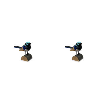 2PK Carved Timber Fairy Wren Wooden Bird Figurine 9.5x6.5cm