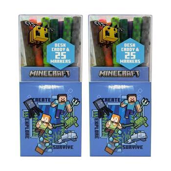 2PK Minecraft Theme Desk Caddy w/25 Colour Markers Kids Art/Craft Accessory