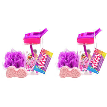 2PK Disney Barbie Extra Range Drink Bottle Set 480ml Bath Fizzer 70g Loofah