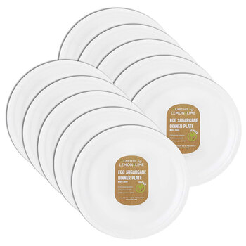 10PK 10PK Lemon & Lime Eco Sugarcane 26cm Dinner Plate Tableware - White 