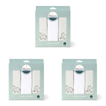 3x 3pc Little Haven Cotton Hooded Washers Elephant 25.5cm