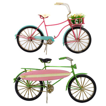 2pc Boyle Bicycle w/ Surfboard and Bicycle w/ Flower Basket Ornament Decor