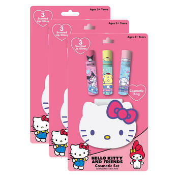3x 3pc Hello Kitty & Friends Scented Lip Gloss w/ Cosmetic Bag 4.5ml Kids 5y+