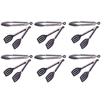 6PK Appetito Stainless Steel Spatula Tongs w/Lock & Rubber Grip 23cm Black