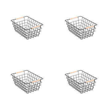 4PK Boxsweden Toska Wire Basket Beech Wood Handle Medium 30x22x13.5cm Black