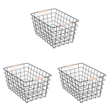 3PK Boxsweden Toska Wire Basket Beech Wood Handle Large 38x27x21cm Black