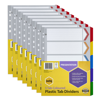 8PK Marbig 5-Tab Coloured A4 Ring Binder Plastic Divider Organiser