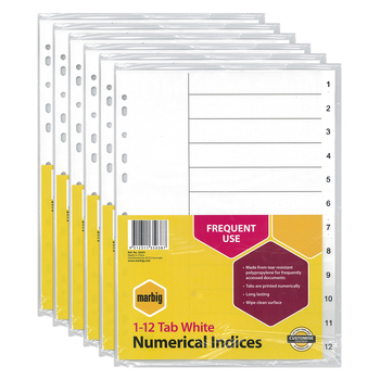 6PK Marbig PP 1-12 Tab A4 Binder Indices/Dividers - White