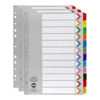3PK Marbig Financial Year Tab Coloured A4 Ring Binder Plastic Divider Organiser