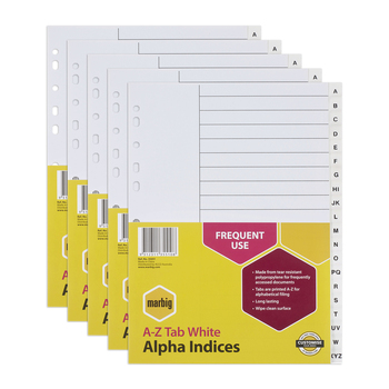 5PK Marbig PP A-Z Tab A4 Binder Indices/Dividers - White