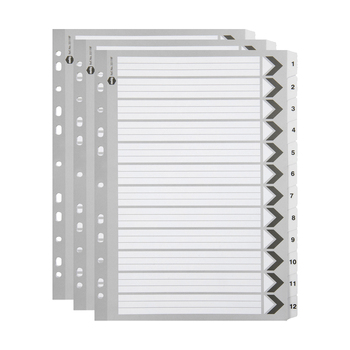 3PK Marbig 1-12 Tab A4 Ring Binder Plastic Divider - Black/White