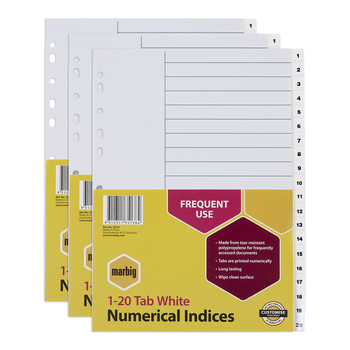3PK Marbig PP 1-20 Tab A4 Lever Arch/Binder Divider/Indices - White