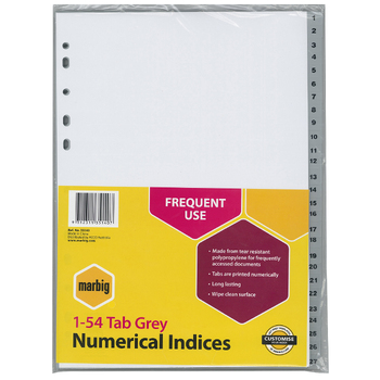Marbig PP 1-54 Tab A4 Lever Arch/Binder Divider/Indices - Grey