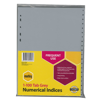 Marbig PP 1-100 Tab A4 Lever Arch/Binder Divider/Indices - Grey