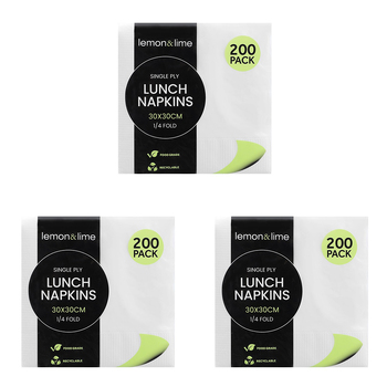 3x 200PK Lemon & Lime 30cm Lunch 1-Ply Napkin - White