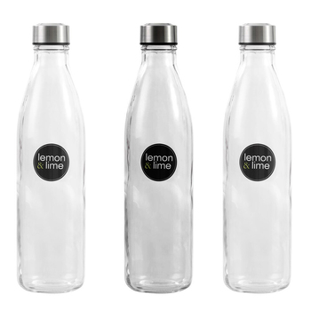 3PK Lemon & Lime 1L Glass Screw Top Lid Water Bottle - Clear