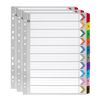 3PK Marbig Extra Wide 1-10 Tab Coloured A4 Ring Binder Plastic Divider