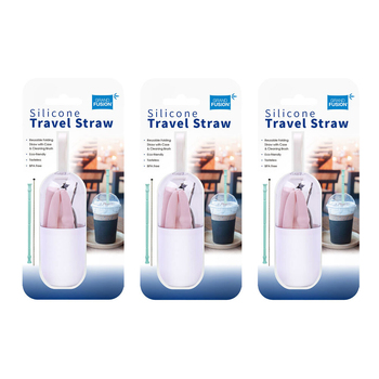 3PK Grand Fusion Silicone Travel Reusable Drinking Straw w/ Cleaner