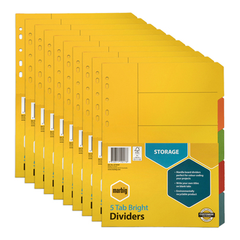10PK Marbig Brights 5-Tab Manilla A4 Ring Binder Dividers