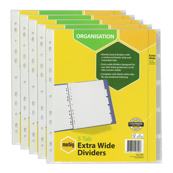 5PK Marbig Extra Wide 5-Tab White Manilla A4 Binder Insert Dividers