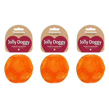 3PK Rosewood Jolly Doggy Catch & Crunch Ball Pet Dog Chew Fun Playing Toy Orange