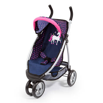 Bayer 69cm Doll Pram Jogger - Dark Blue w/ Pink Hearts & Unicorn 3y+