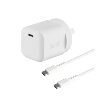 3sixT Wall Charger Adapter GaN 20W USB-C PD w/ Type-C Cable - White
